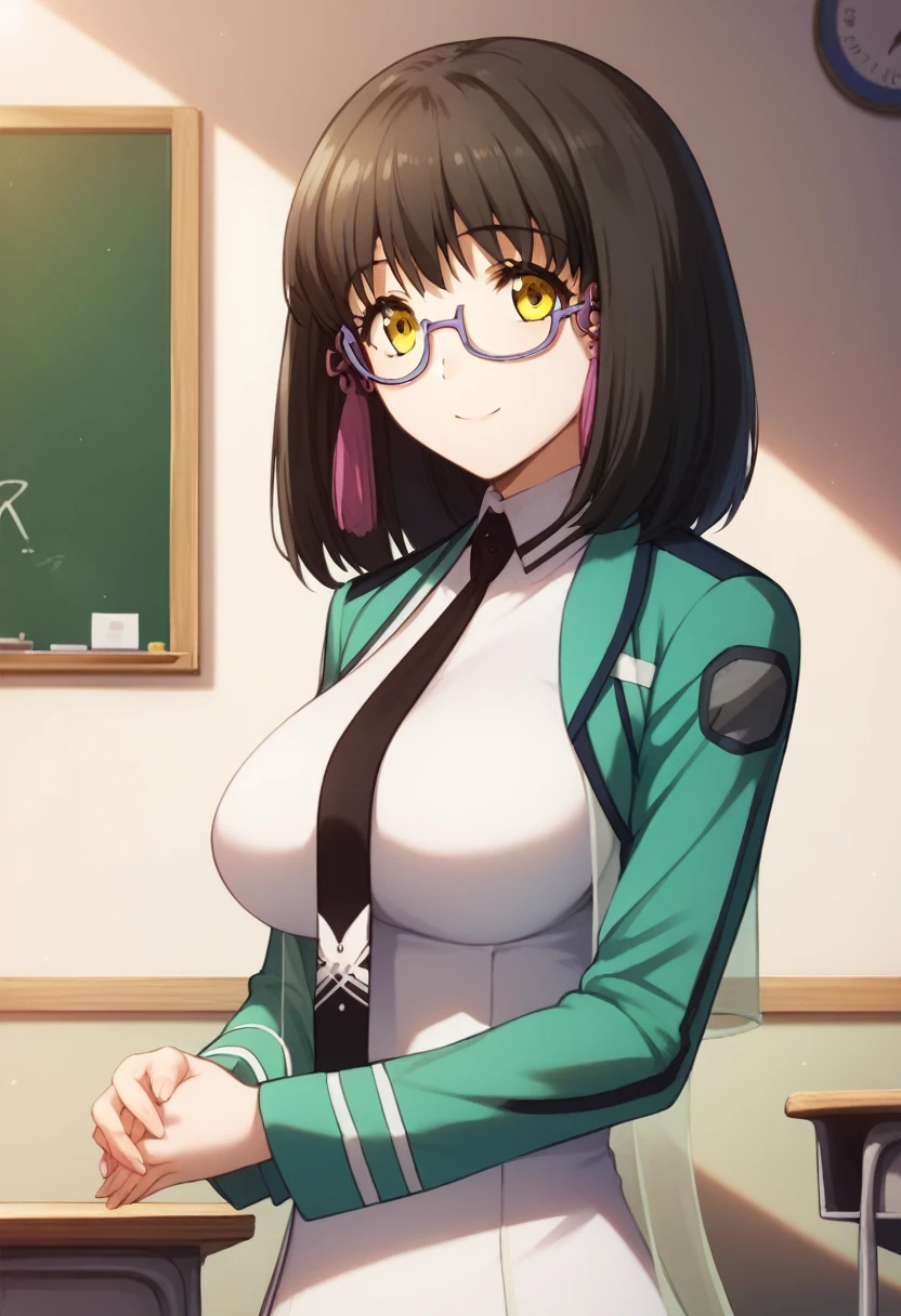 (master piece), (best quality), (8k), (ultra high resolution), (highest quality), (anime style), (best writing), (beautiful face), (masterpiece), (highest quality), (detailed beautiful face and eyes), (textile shading), (upper body), (classroom), 1girl, solo, mizuki shibata, black hair, yellow eyes, glasses, medium hair, tassel, semi-rimless eyewear, under-rim eyewear, long sleeves, dress, school uniform, pantyhose, necktie, white dress, black necktie, large breasts, beautiful breasts, smile, own hands clasped, from side,,