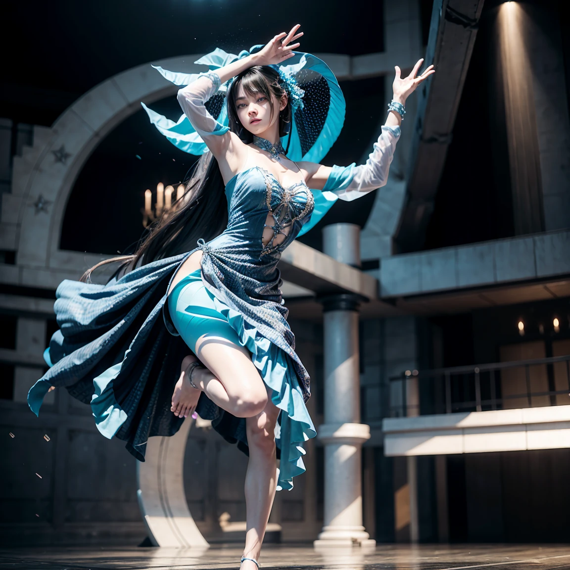 realistic pictures of Japanese Colorful beautiful woman dancing in a night club, full body, nice perfect face with soft skinice perfect face, blue yellow colors, light purple and violet additions, light red additions, intricate detail, splash screen, 8k resolution, masterpiece, cute face,artstation digital painting smooth veryBlack ink flow: 8k resolution photorealistic masterpiece: intricately detailed fluid gouache painting: by Jean Baptiste Mongue: calligraphy: acrylic: watercolor art, professional photography, natural lighting, volumetric lighting maximalist photoillustration: by marton bobzert:, complex, elegant, expansive, fantastical, Light academia, Low angle shooting, cinematic, Flag Bestquality,Super realistic,masterpiece,ultra-detalied, dynamic angle,crisp photo