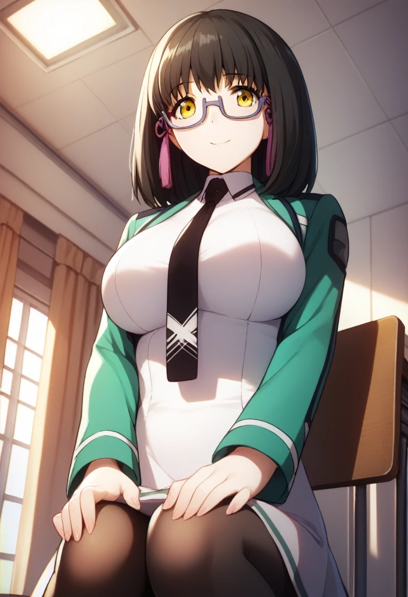 (master piece), (best quality), (8k), (ultra high resolution), (highest quality), (anime style), (best writing), (beautiful face), (masterpiece), (highest quality), (detailed beautiful face and eyes), (textile shading), (cowboy shot), (school), 1girl, solo, mizuki shibata, black hair, yellow eyes, glasses, medium hair, tassel, semi-rimless eyewear, under-rim eyewear, long sleeves, dress, school uniform, pantyhose, necktie, white dress, black necktie, large breasts, beautiful breasts, smile, sitting, chair, hands on knees, (from below:1.3),