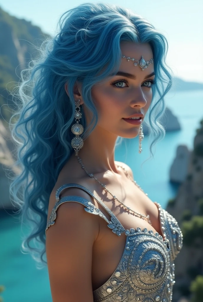 Luxury Perfect hyper realistic incredible hyper resolution On the beach Very cool photographed Ultra very realistic very beautiful Ultra perfect amazing ultra quality amazing extreme Stylish Blue dress incredible epic Miss world photo, cinematic, portrait photography extremely realistic sister 18 years old hair color Silver grey and black and Eyes are blue with black lipstick