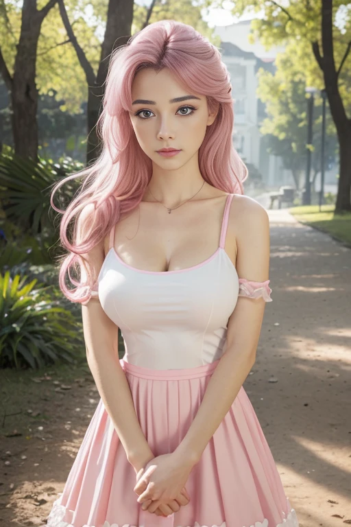 Photography image of a young woman, stylish mixed colour hair, wearing a cute short fantasy dress, ((big bust)) fantasy, smiling expression, photorealistic, looks into the camera, symmetrical face, symmetrical eyes, soft pastel colours, intricate, path tracing, illustration, insanely detailed, direct sunlight on face, path traced hair