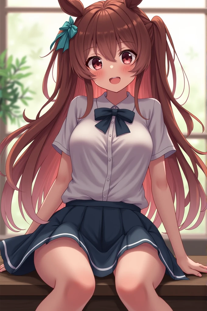 realistically, longhair, brown eyes, glowing eyes, white short skirt, Blush, daytime, Wet from the rain, see through, sleeveless shirt, nipples, Spread your legs, pussy, crotch, open skirt, smile, Sit with your knees raised., windy, ruby, M Leg,