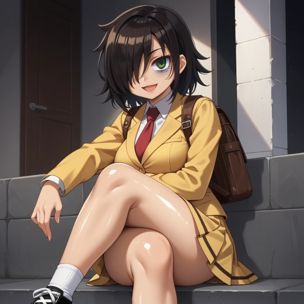 score_9, score_8_up, score_7_up,, solo, source_anime, tomokoxl, bags under eyes, hair over one eye black hair, medium hair, school uniform, red necktie, yellow skirt, short skirt, pleated skirt, yellow jacket, standing, cowboy shot, sitting, crossed legs, thick thighs, shiny skin, focus in crossed legs, underwear, white underwear, shiny underwear, lace underwear, white lace underwear, shiny lace underwear, panties, white panties, shiny panties, only crossed legs pose, sexy crossed legs, perfect crossed legs, sexy legs, big thighs, oiled thighs, oiled legs, smile, open mouth, glowing green eyes, evening time, dark room, breast, big breast, sheer socks, white sheer socks, converse, chuck taylor converse, black converse, backpack, leather backpack, brown backpack, focus in crossed legs, focus in legs,