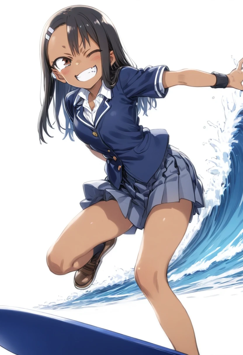 girl、School　uniform、Brown skin、Grin、surfing