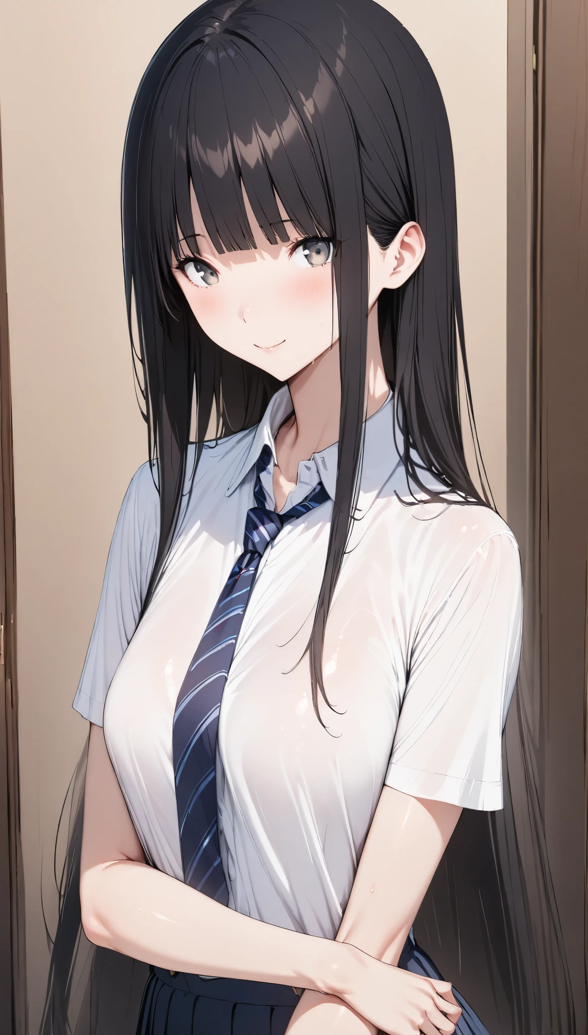 masterpiece, absurdres, ultra-detailed, Yamada Anna, 1girl, solo, long hair, blush, large breasts, black hair, long sleeves, brown eyes, , (realistic:0.35), blush, smile, looking at viewer, outdoors, outdoors, cowboy shot, colorful, breast pocket, messy bangs,in a room,show tits
