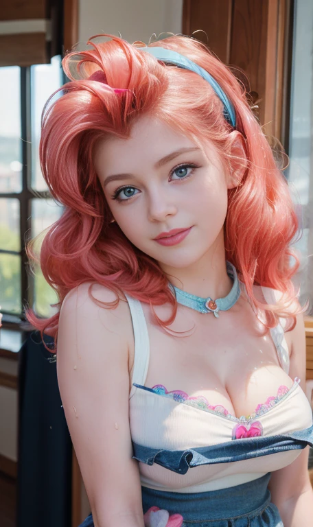 Photo oF a 18 year-old American girl, .RAW, beautiful woman, ((detailed face:1.2)), ((Detailed facial features)), (finely detailed skin), pale skin , freckles on cheeks , blue eyes , small nose, 、a sexy(color fresco), wet, wet, ReFlectoreasutepiece) (perfect proportions realistic)(The best quality) (detailed) Photographed with a Canon EOS R5, 50mm lens, F/2.8, NFFSW, (8k) (wallpaper) (cinematic lighting) (dramatic lighting) (sharp focus) (Convoluted) BIG BREASTS , big breasts ,whole body , beautiful teenage body ,cute makeup , blue eye shadow, big smile ,varied background , fluffy pink hair , fluffy pink fur , mlp , pinkie pie , Equestria girls , long gala dress , long elegant dress , Beautiful smile , happy , foto whole body , vailando , JUMPING ,happy , posing lying in bed