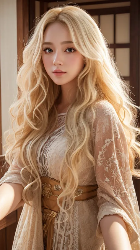 long hair,curly hair,white beige hair color:1.2,、sunburn:1.5,selfie:1.5、masterpiece、best quality、extremely detailed 8k、、 very de...