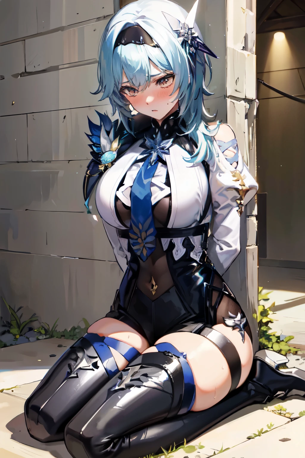 (masterpiece, Best Quality, Best Quality, Official Art, Beautiful and aesthetic:1.2),(8k, Best Quality, masterpiece:1.2), There is a woman sitting in a box filled with money and diamonds, ((((Hands tied behind her back)))), (( cross your arms behind your back)), looking away, looking down, shy, scowl, (((blush))), sweat, What's in the box is Primogem , Yura Genshin Impact , Genshin Impact's EULA , everyone, Splash Art Anime , extremely detailed Art Gelm, Art Gelm, Make a frown, sweat, , anime illustration, Girls from Frontline , ! dream Art Gelm, ruan jia and Art Gelm, Very Sexy and Seductive Expression , Muscular man, Grumpy man, Two Hands, Two legs