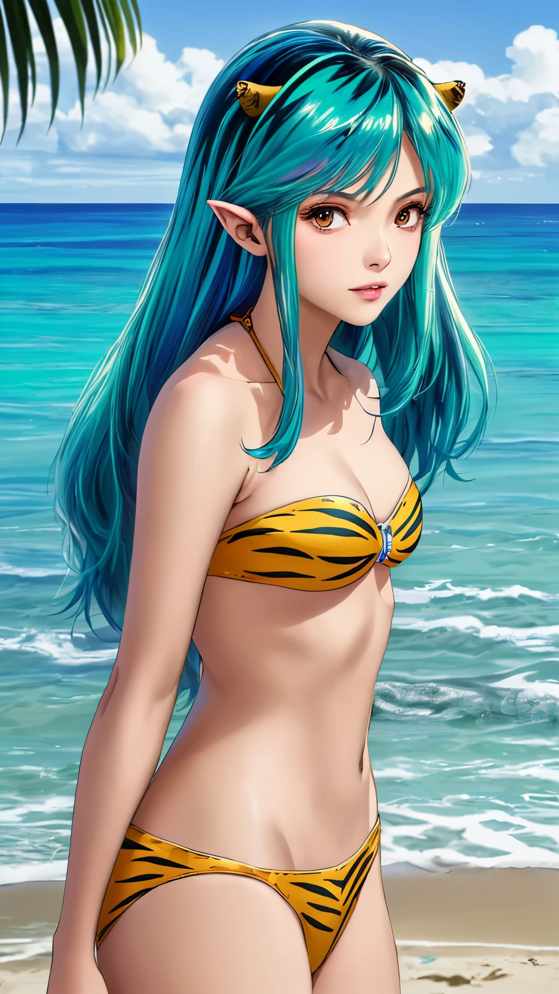 最 High image quality 、 High image quality 、最 High image quality 、8k、 High Resolution 、 high res、最 High image quality 、masterpiece、RAW Photos、whole body photos、Detailed realistic human body 、Detailed and realistic skin、Detailed and realistic faces、 realistic reproduction of every detail 、 realistic lips with detailed details、 realistic teeth with detailed details 、Realistic ears、Realistic and detailed hair、Detailed and realistic weapons、 realistic reproduction of every detail 、 Detailed and realistic fingers 、(Beautiful Hands、thumb1reference4)、 Realistic Details , Down to the toes、Realistic chest details 、(( beautiful Japanese woman))、(Japanese Model), (Japanese women)、((Beautiful 18 year old girl))、( girl similar to Urusei and others )、((Green Hair( Long Hair))、(( small horns on the left and right sides of the head ))、((whole body))、((Beautiful firm breasts))、( stylish slim style )、(whole body glossy skin、White skin)、(Soft natural light)、Tropical countries、 resort beach、Beautiful sea、Beautiful sandy beach、、(( with 4 ears (with a beautiful sea in the background))、((Sparkling tiger pattern leather (Bandeau Bikini、 micro bikini))、(( swimsuit that fits perfectly on the skin ))、 sexy pose