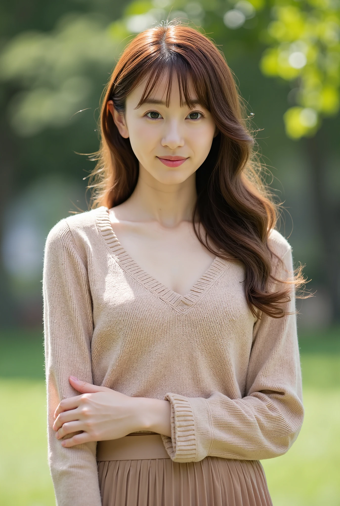 one beautiful  slender women, ((grinning)),Skinny Japanese young woman,)),Sexy, Detailed face, beautiful eyes, swept bangs, medium breasts, very thin waist, Light Brown wavy Hair, Faint lips, ((standing at front, Staring at the viewer,)), beige knitted sweater, deep V-neck, pleated skirt　,clearly worn over the skirt, light brown, long wavy hair, stylish, cozy, casual fashion, (full-body photo), in park, 