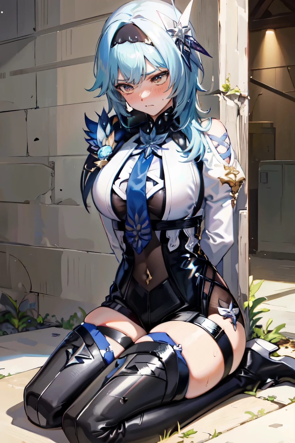 (masterpiece, Best Quality, Best Quality, Official Art, Beautiful and aesthetic:1.2),(8k, Best Quality, masterpiece:1.2), There is a woman sitting in a box filled with money and diamonds, ((((Hands tied behind her back)))), (( cross your arms behind your back)), looking away, looking down, shy, (((scowl))), (((blush))), sweat, What's in the box is Primogem , clenching teeth, Yura Genshin Impact , Genshin Impact's EULA , everyone, Splash Art Anime , extremely detailed Art Gelm, Art Gelm, Make a frown, sweat, , anime illustration, Girls from Frontline , ! dream Art Gelm, ruan jia and Art Gelm, Very Sexy and Seductive Expression , Muscular man, Grumpy man, Two Hands, Two legs