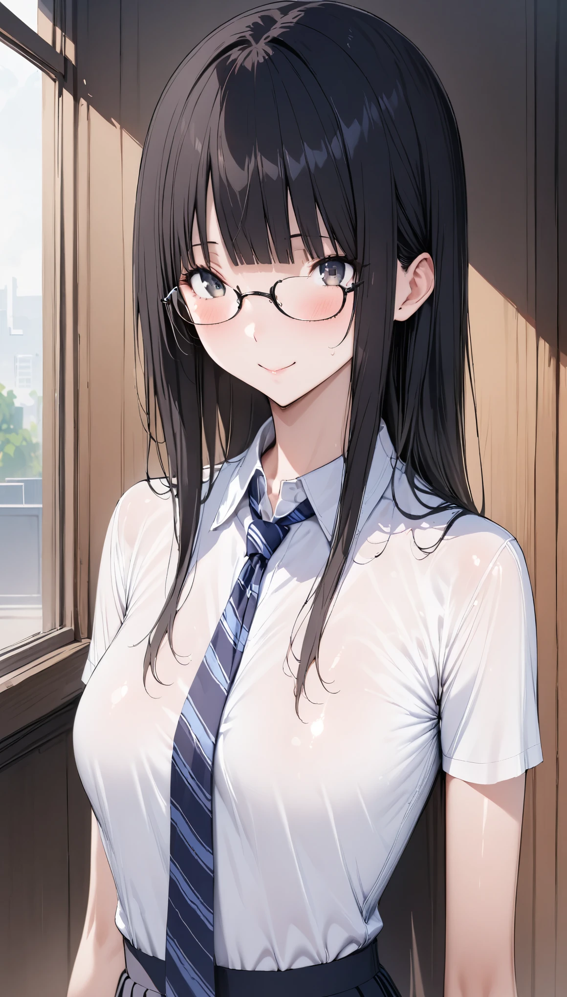 (Upper body close-up:1.5)、(Huge breasts、Cleavage:1.9),Anna Yamada,gigantic breasts,smile、(naked:1.5)、(window)、blue sky、building、(Wearing a collar:1.5)、Earrings、Earrings,(Delicate facial features:1.5)、(masterpiece, Highest quality, High resolution, Super detailed, 8k, 4K),(Put your hands behind your head:1.5),ponytail,(Beautiful Face:1.5),(nsfw:1.3)、Show off your armpits,Spread Armpit、looks happy、Wearing glasses,(Sticking out tongue:1.2),Small nipples,Small areola、Drooling