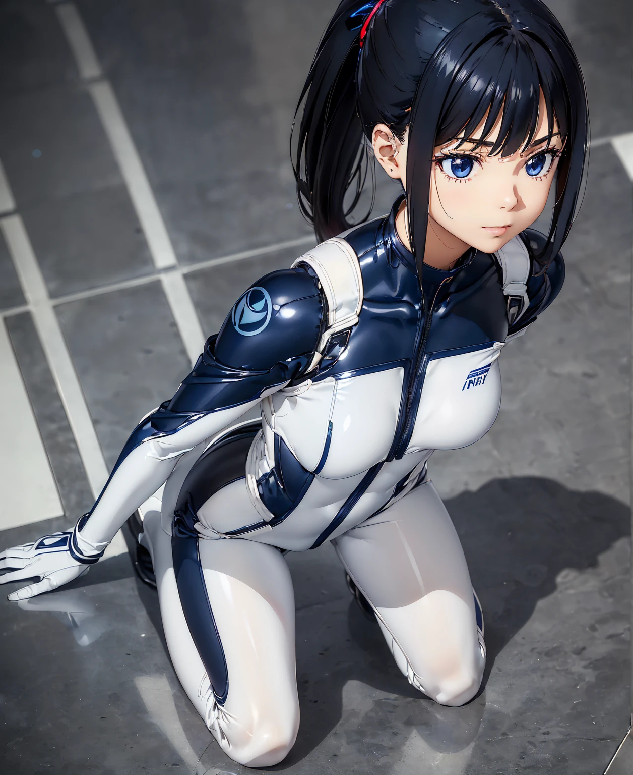 ((Holographic glow effect)),(masterpiece,Best Quality, highest resolution ,Clear_image,Detailed details,The angle is from above): (solo,A girl alone,Japanese Faces,High knot ponytail,Dark blue hair girl,Small breasts,( perfect bodies :1.4),Sparkling blue eyes,(White and navy blue pilot suit,White and navy blue zero suit,White and navy bodysuit,White and navy tight-fitting clothing,Wear full white and navy blue cover,White and navy thigh-covering pants,White and navy shoulder cover outfit,White and navy cropped jacket,White and navy shiny clothes,White and navy tight-fitting pants that hide the legs,Armor to hide the chest,Hide your shoulders), very delicate and beautiful,Detailed Skin,Slim body,Exoskeleton,Cute,A gentle smile,Soft expression,heroine,White and navy blue long boots,Elbow-length gloves),Mirror-polished floor,inoue takina,cockpit,Mecha,mechanical body,Fantasy,ROMANCE,CIENTIFCA,TEEROR,COMICS,NFWS,hero,JK,Kneel,Mirror-polished floor