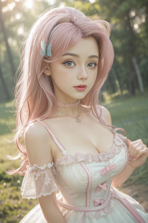 (The best quality, 4k, 8k, High Resolutions, masterpiece:1.2), ultra detailed, detailed face, Detailed lips and eyes..........., cute makeup , attractive appearance, expressive face, realist,
BREAK   ,Beautiful Caucasian woman with shoulder length messy wavy pink hair, , big blue eyes, clear skin, slim and athletic, hair that covers one eye,
BREAK  (dynamic pose),  big breasts , excited expression, Soft sunlight illuminating the scene, Subtle movement of the wind in the hair, happy expression, gloomy atmosphere, kindly, Natural lighting that emphasizes your features..........., Subtle shadows that add depth and dimension to the image..........., (maduro)  noisy, mlp Fluttershy  , long pink fur , pink hair  , ELEGANT DRESS , low-cut dress , neckline  , big breasts , forest , butterflies , Whole body , happy  ,1 patient , medium breasts , forest , sunny day , cute animals, country clothes , tiene un adorno con figura de mariposa en el cabello , alegre , linda sonrisa 