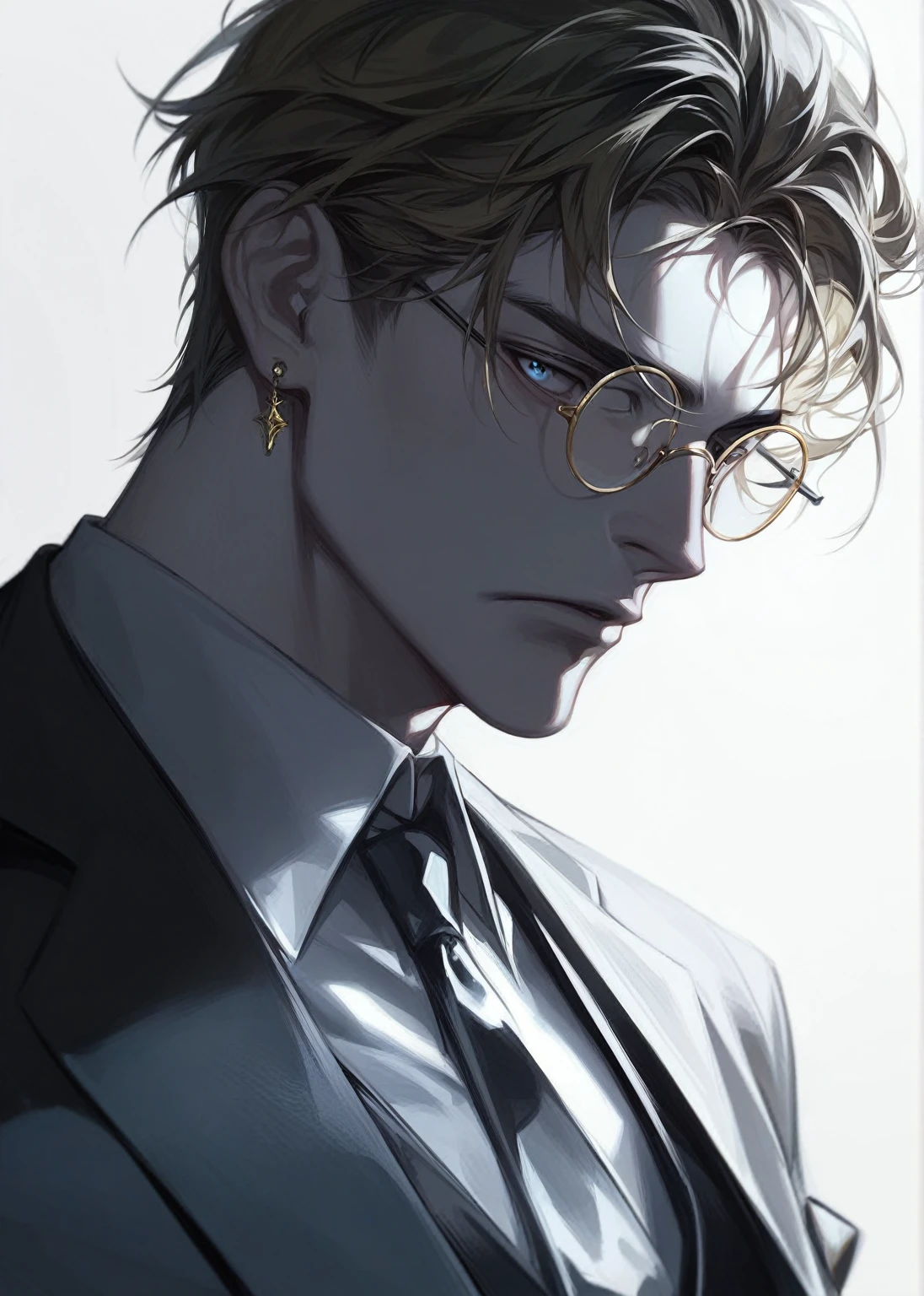  image of a man, older male, male focus, alone, ( blue-gray eyes , Golden Round Frame Glasses), ( white skin ,  Handsome appearance , Serious spirit , Cangsan), (golden hair, fluffy short hair, untidy), (Dress, Suit), masterpiece,  Best Quality ,  High Resolution, Super detailed, Gray background, soft light,