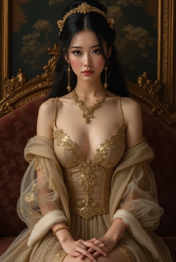 A half-asian, asian-european, woman with black wavy hair in the style of a greek goddess, with bronze skin posing as a seductive temptress with porcelain skin and blood-red lips, framed by the opulent trappings of a Victorian parlor. Inspired by Pre-Raphaelite art, her form is ethereal and romantic, with flowing locks and delicate features that evoke the beauty of a bygone era. smiling,  sitting in a Victorian Parlor, her elegant gown ripped open revealing her breasts and navel , gothic romantic style, with lots of gothic details