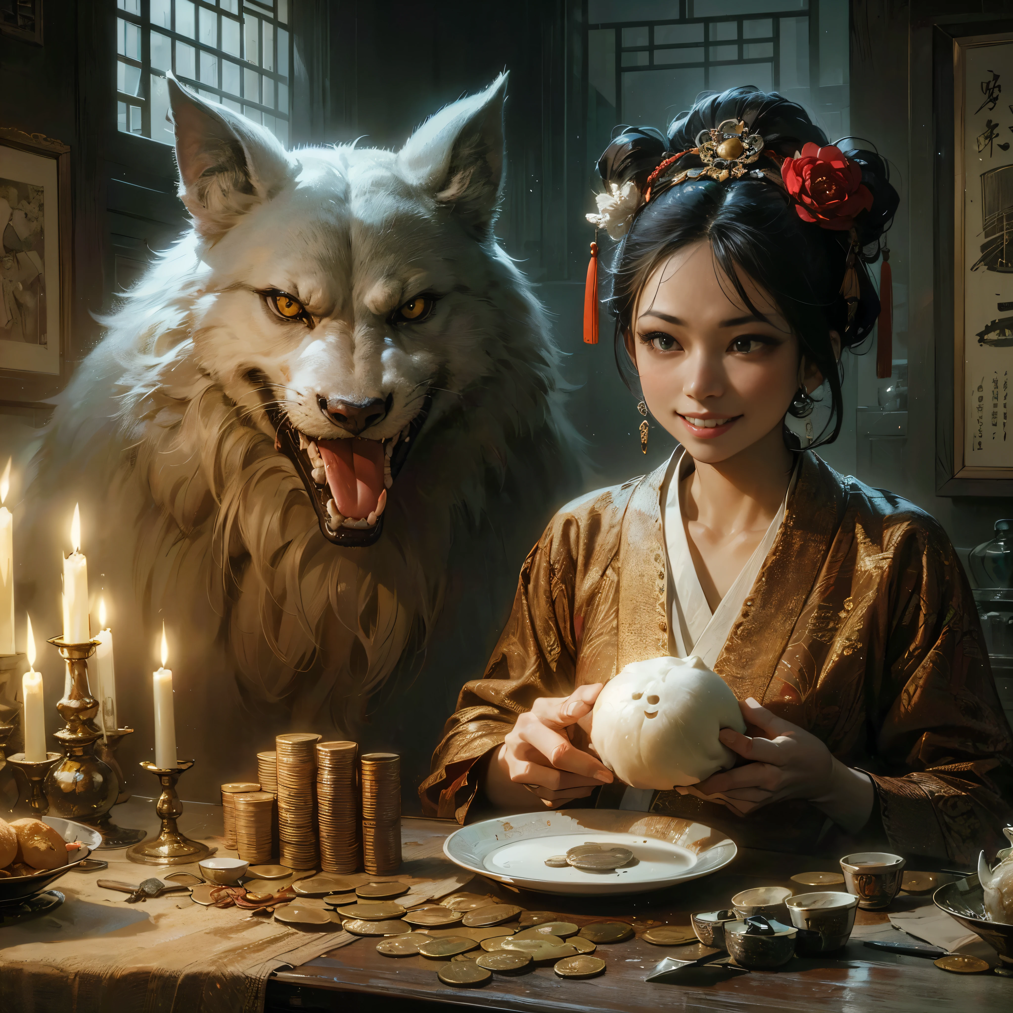 A woman is by a dog