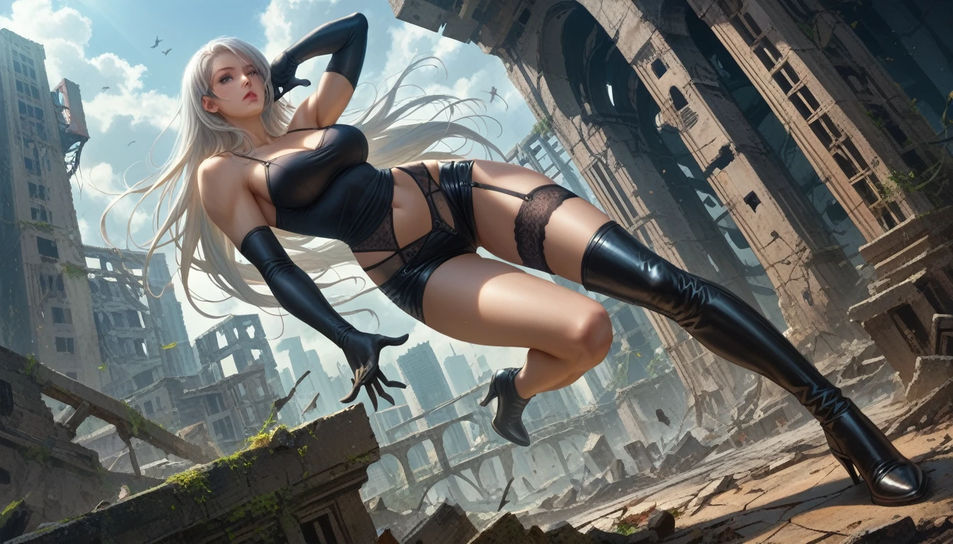 score_9, score_8_up, score_7_up,source_anime,
a mature adult woman inspired A2_\(Nier Automata\), 
detailed face, beautiful face, face in sharp focus, silver long hair, blue eyes, 
muscular body, anatomically correct body, perfect hands, perfect fingers, realistic skin texture, radiant skin, bare shoulders,
black camisole with cutouts, black leather shorts, elbow-length gloves, 
black thigh-high stockings, garter belt, asymmetrical leg clothing, high-heeled shoes, black thigh-high boots, 
dark background, city ruins,
dynamic pose, low angle,