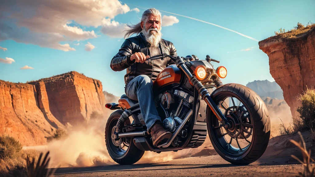  middle-aged white man with long gray hair and long white beard , face of grim gesture ,  with scar on his right cheek ,  dressed in a black leather jacket ,  t-shirt with the punisher logo and black jean pants and boots Texans,  riding a futuristic motorcycle through a desolate landscape ,  on his back he has two samurai swords crossed ,  in the background you can see a city devastated by war ,  post-apocalyptic style .  the sky is orange at dawn .