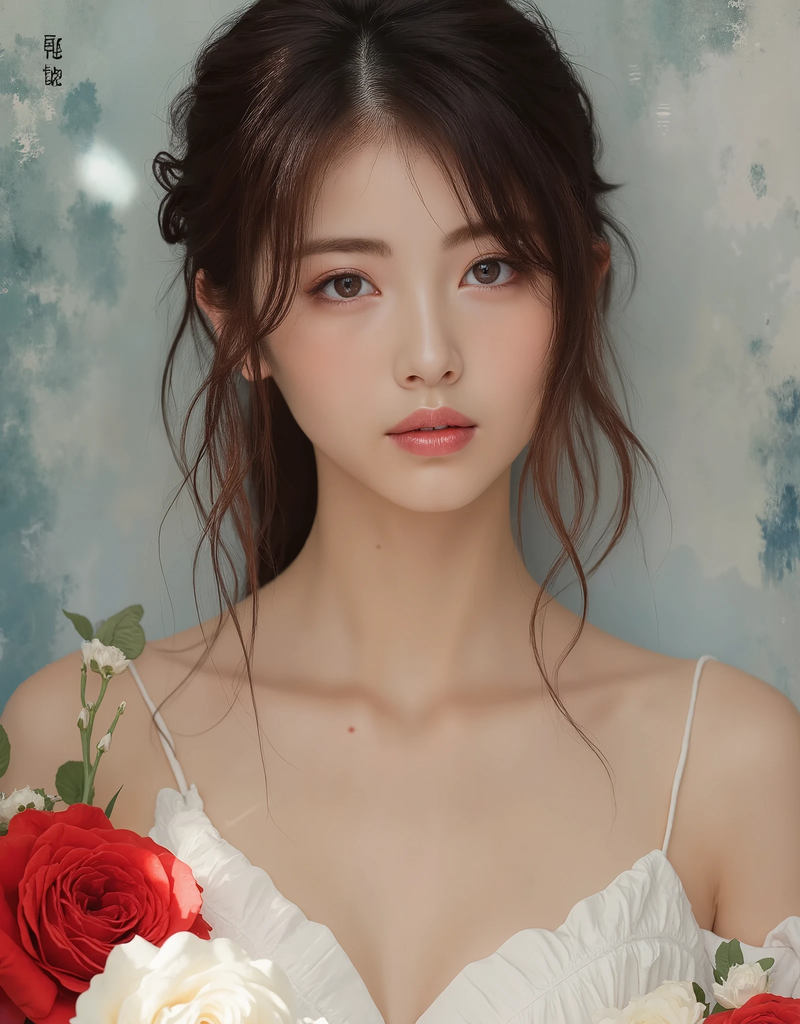 a hyper realistic portrait of a beautiful east asian young slender woman with wavy, chestnut-brown hair falling naturally over her shoulders. Her complexion is fair, with delicate, soft features, and she has very cute eyes. She wears a loose, sleeveless white dress, with a soft drape and a deep neckline, which gives a tone of sensuality and blending seamlessly with the soft, dreamy background. The woman is surrounded by large, vibrant roses in both white and red hues, placed delicately at the bottom of the composition, with some petals appearing slightly in front of her. The lighting is soft and warm, giving the entire image a serene and ethereal atmosphere.

The background is an abstract, painterly mix of soft blues and grays, with light brushstrokes that add a dreamy, almost impressionistic feel. The style should evoke influences from artists like Vladimir Volegov or Michael Garmash, combining a classical aesthetic with modern realism. Ensure the overall composition has a soft, elegant, and romantic mood, with attention to the intricate details of both the woman and the roses. The focus should remain on her poised yet relaxed expression, conveying a sense of calm and subtle emotion.