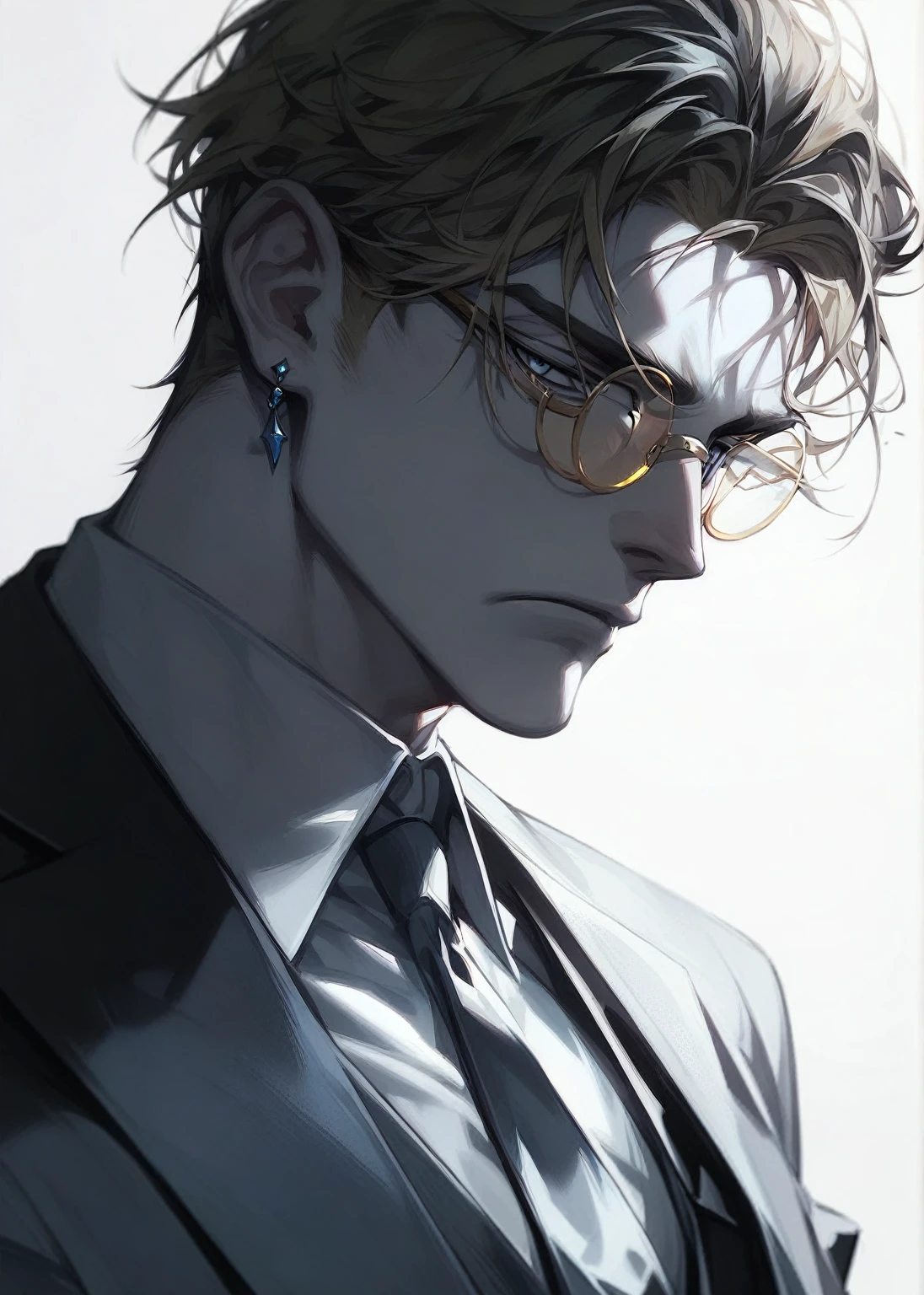  image of a man, older male, male focus, 50 years old, alone, ( blue-gray eyes , Golden Round Frame Glasses), ( white skin ,  Handsome, serious, Cangsan, Tired ), (golden hair, fluffy short hair, untidy), (Dress, Suit), masterpiece,  Best Quality ,  High Resolution, Super detailed, Gray background, soft light,