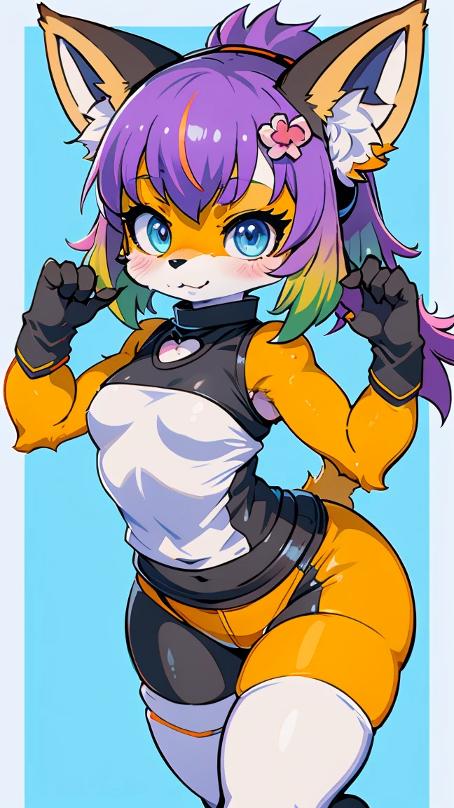 Kawaii, Chibi, cute fox, cyberpunk, (Japanese, samurai, Capoeira, Brazilian) | Purple hair and green highlights | blue eyes,  heterochromia | With a fluffy syrup  | (((white background))) | Gym clothing with leggings  |  synthetic fabric skin ,  cybernetic prosthesis ,  cyber prosthetic servo legs | Female and athletic body ratio |  Funny and embarrassed personality  |  Typed on a notebook  |  | Gender Shounen , Shoujo, Kodomomuke , his, Josei,  Shounen Ai , Shoujo Ai, Yaoi, yuri, Mecha, Ecchi, harem, yokai, isekai, Slice of Life,  Iyashikei and Idol  |  Additional manga references ,  Manhuas and Manhwas 