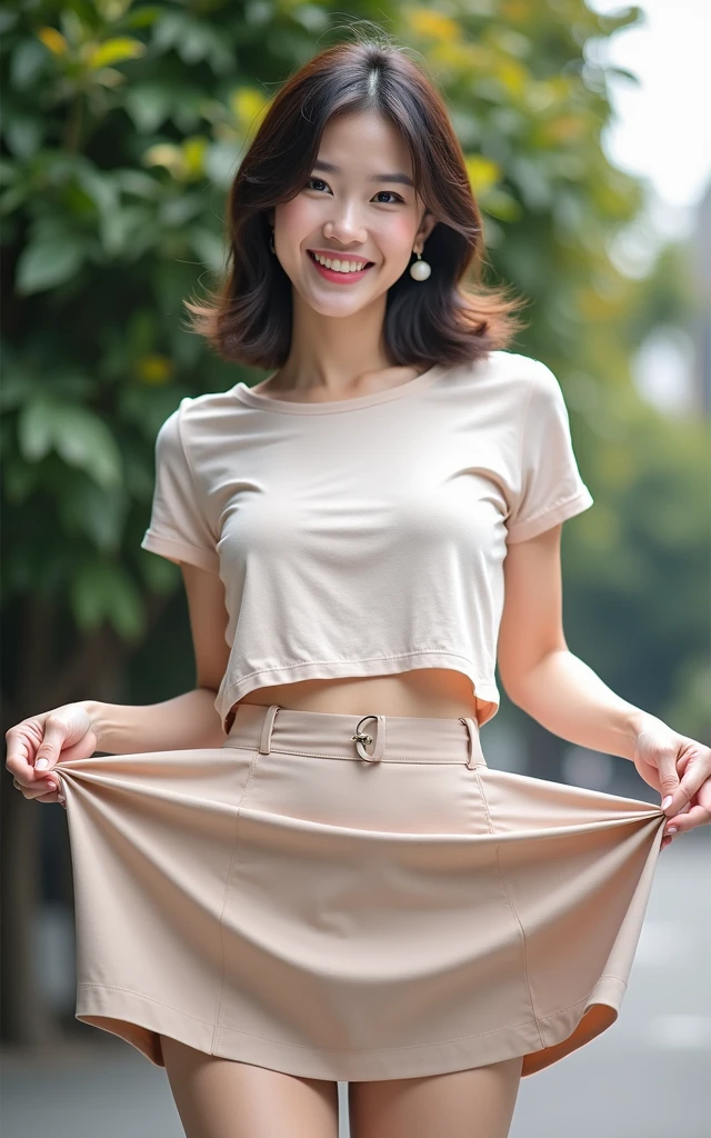 ((Masterpiece)), ((Best Quality)), A middle-aged short-hair woman, ((from below)), (((upskirt))), wearing a skirt, you can see her thong