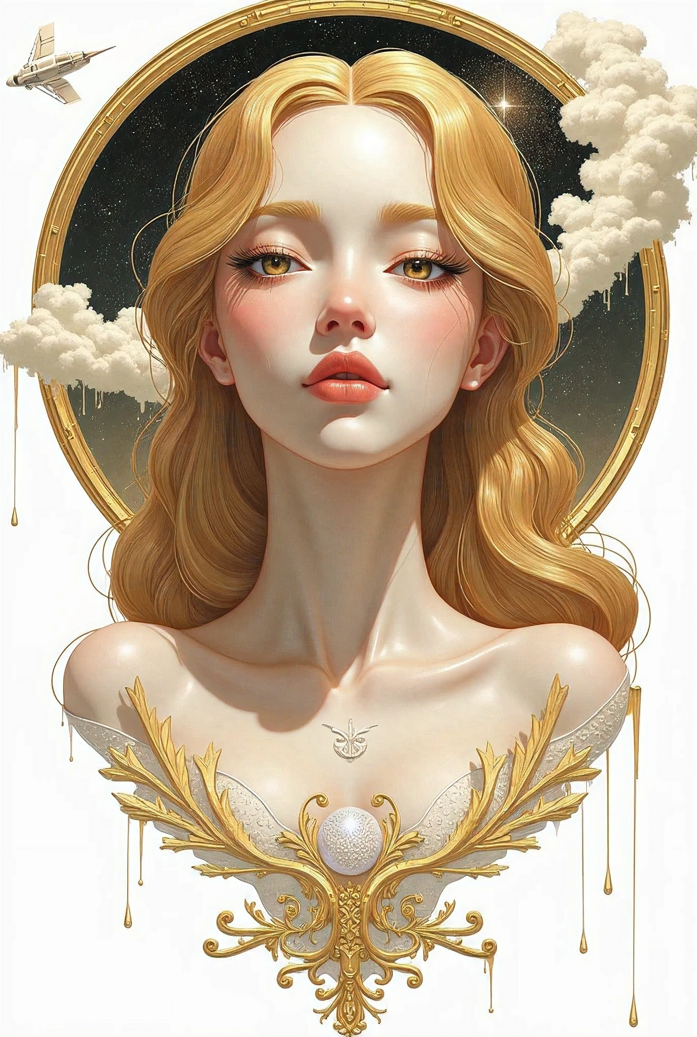 ((best quality)), ((masterpiece)), (detailed), perfect face of cyberpunk mecha japanese girl, shiny gold eyes, shiny gold hair, ((monochromatic metallic gold color palette)), surreal, art nouveau, in the illustrative style of moebius, spaceships, aliens, fantasy, sci-fi, graphic novel, line drawing, french retro, bizarre, gallery worthy, work of uncanny art, huge breasts, ((cleavage)), (White background:1.4),(Isabella Rosalini), head silhouette, Eyes closed, Long colored hair, Oriental elements),(Chinese illustration:1.3,Paper Art:1.3, キルティングPaper Art:1.2),( Streamlined Design, Clear lines, High sharpness,Better Quality, Very detailed, Master Parts, Film Light Effect, 4K ) Illustration design, porcelain doll skin, beautiful detailed eyes, beautiful detailed lips, extremely detailed gold eyes and face, long eyelashes, upper body, from side, looking at viewer, (fractal art:1.3), (pink hair:1.2), water, liquid, cloud, colorful, starry, stars, (best quality, 4k, 8k, highres, masterpiece:1.2), ultra-detailed, (realistic, photorealistic, photo-realistic:1.37), vibrant colors, studio lighting, extremely detailed description, professional, concept art, surreal, 1920s french vibe, monochromatic gold and pink palette, in the style of french illustrator moebius, gold elements,