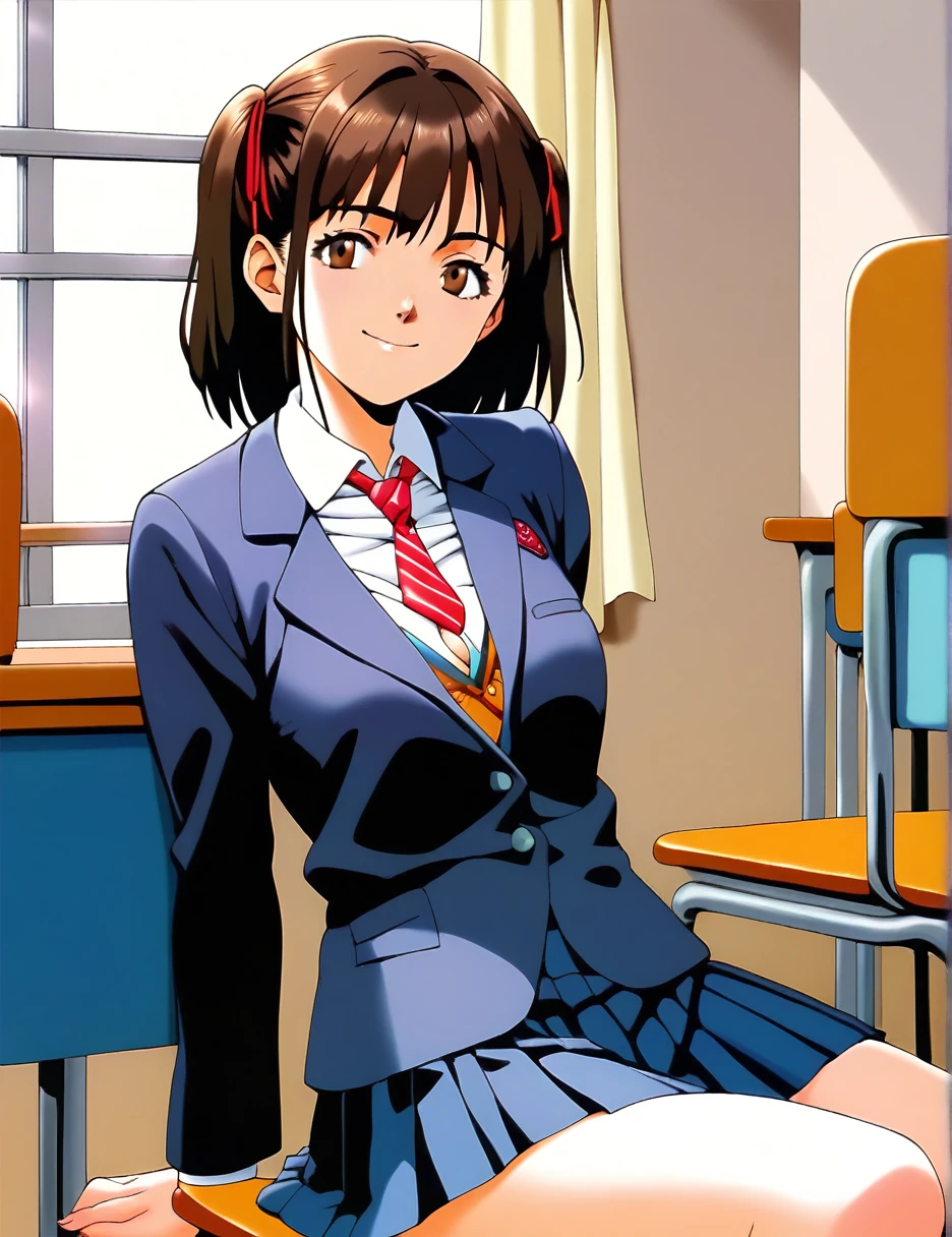 you, score_9, score_8_up, score_7_up,sauce_Anime, 1 girl,Student Uniform,blazer,lOng sleeves,With collar_shirt,tie,pleined skirt,socks,,smile,cowboy_shot,looking_in_Viewers,classroom,Sitting_On_chair,