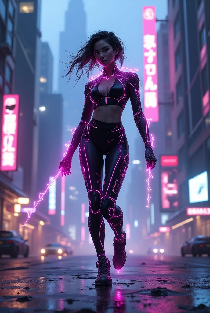 ultra-realistic, photorealistic, dramatic scene, shadow, global-illumination, (20 years old Japanese famous idol girl:1.5), Unconventional skateboarding alone at the cyber punk super market, dynamic angle, (acrobatic pose), masterpiece, (face focus:1.6), beautiful eyes, wearing a cyber punk neon bodysuits, very large breasts, beautiful face,
