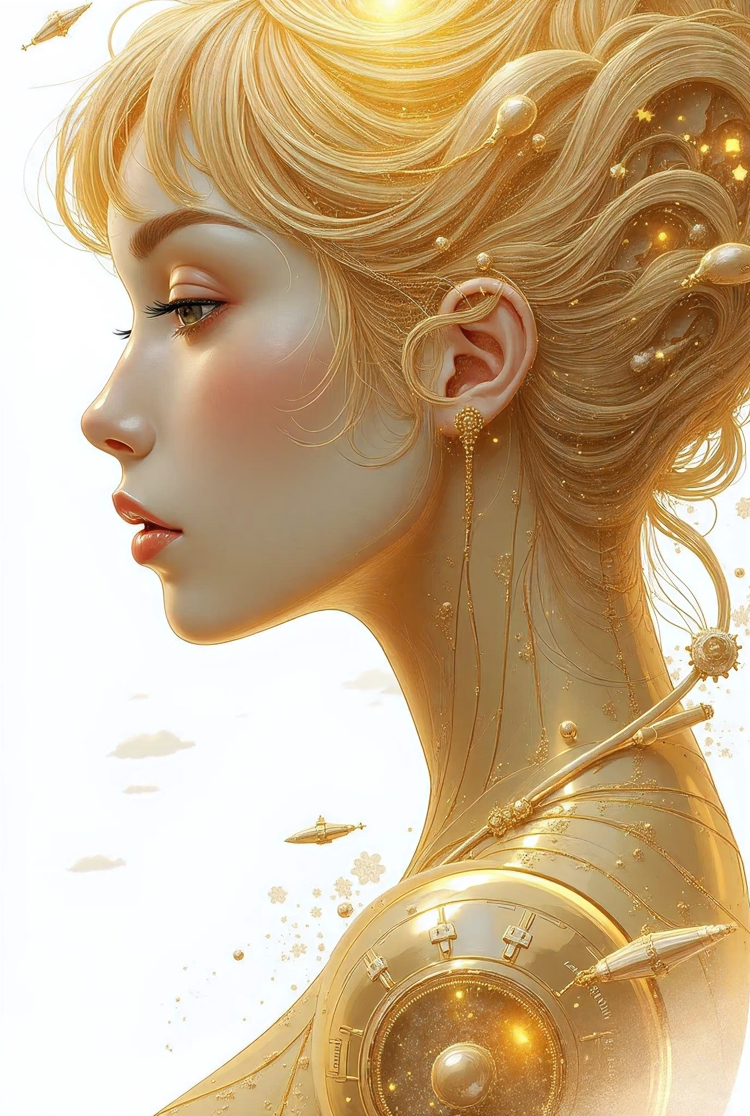 ((best quality)), ((masterpiece)), (detailed), perfect face of cyberpunk mecha japanese girl, shiny gold eyes, shiny gold hair, ((monochromatic metallic gold color palette)), surreal, art nouveau, in the illustrative style of moebius, spaceships, aliens, fantasy, sci-fi, graphic novel, line drawing, french retro, bizarre, gallery worthy, work of uncanny art, huge breasts, ((cleavage)), (White background:1.4),(Isabella Rosalini), head silhouette, Eyes closed, Long colored hair, Oriental elements),(Chinese illustration:1.3,Paper Art:1.3, キルティングPaper Art:1.2),( Streamlined Design, Clear lines, High sharpness,Better Quality, Very detailed, Master Parts, Film Light Effect, 4K ) Illustration design, porcelain doll skin, beautiful detailed eyes, beautiful detailed lips, extremely detailed gold eyes and face, long eyelashes, upper body, from side, looking at viewer, (fractal art:1.3), (pink hair:1.2), water, liquid, cloud, colorful, starry, stars, (best quality, 4k, 8k, highres, masterpiece:1.2), ultra-detailed, (realistic, photorealistic, photo-realistic:1.37), vibrant colors, studio lighting, extremely detailed description, professional, concept art, surreal, 1920s french vibe, monochromatic gold and pink palette, in the style of french illustrator moebius, gold elements,