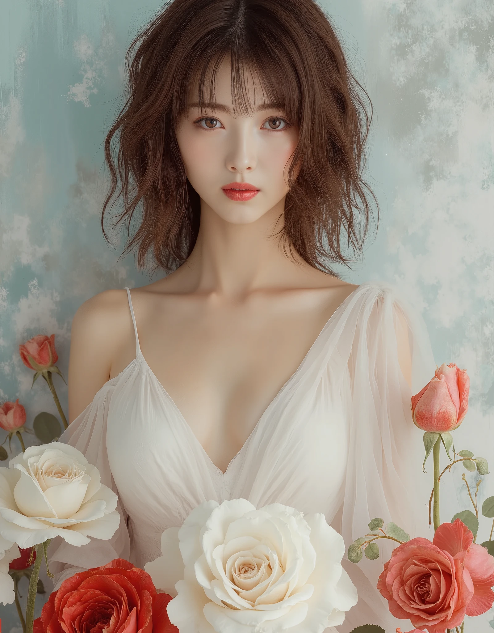 a hyper realistic portrait of a beautiful east asian young slender woman with wavy, chestnut-brown hair falling naturally over her shoulders and choppy bangs.Her complexion is fair, with delicate, soft features, and she has very cute eyes. She wears a loose, sleeveless white dress, with a soft drape and a deep neckline, which gives a tone of sensuality and blending seamlessly with the soft, dreamy background. The woman is surrounded by large, vibrant roses in both white and red hues, placed delicately at the bottom of the composition, with some petals appearing slightly in front of her. The lighting is soft and warm, giving the entire image a serene and ethereal atmosphere.

The background is an abstract, painterly mix of soft blues and grays, with light brushstrokes that add a dreamy, almost impressionistic feel. The style should evoke influences from artists like Vladimir Volegov or Michael Garmash, combining a classical aesthetic with modern realism. Ensure the overall composition has a soft, elegant, and romantic mood, with attention to the intricate details of both the woman and the roses. The focus should remain on her poised yet relaxed expression, conveying a sense of calm and subtle emotion.