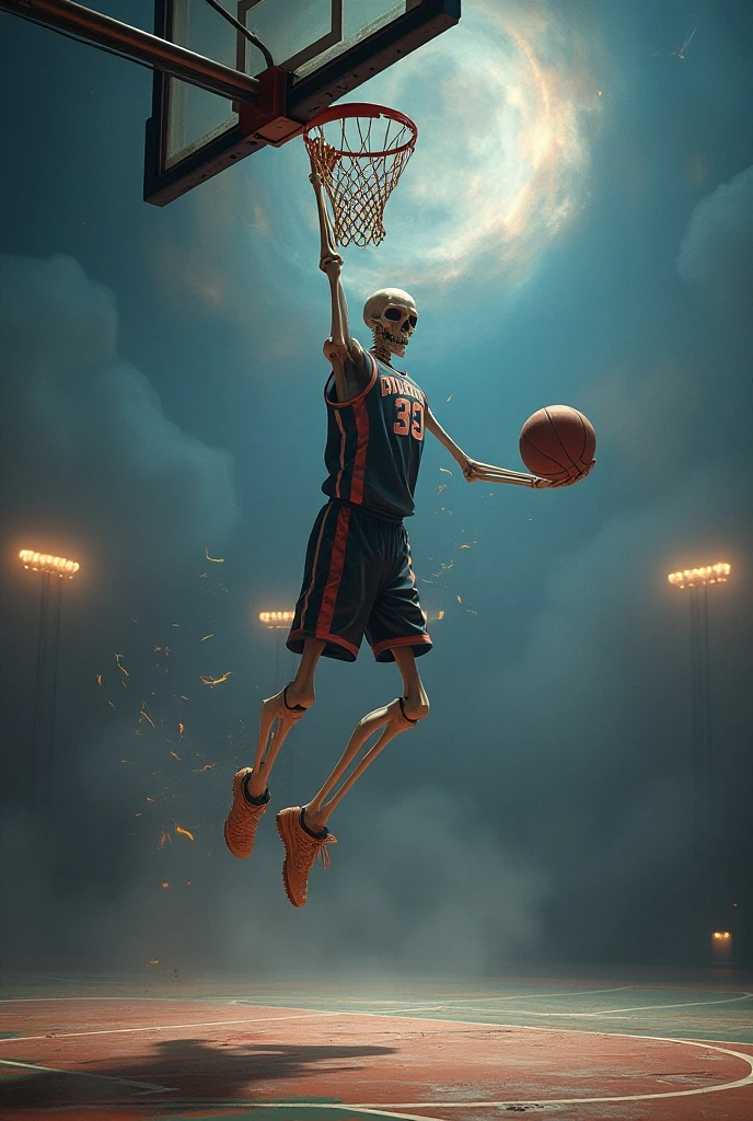 Logo for a basketball team where a skull plays basketball, This one makes a dunk, putting the ball in the hoop Jordan style. The clothes are designed to highlight the purple and black colors.

