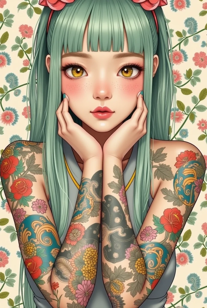 A mesmerizing surreal illustration of a young japanese woman. She has pastel green hair with blunt bangs, yellow eyes, and wears a vibrant pastel colored outfit adorned with intricate floral patterns. Freckles dot her smooth, warm complexion, and bold, colorful tattoos cover her arms and legs. The tattoos feature traditional Japanese motifs like flowers and mythical creatures, rendered with meticulous detail in a pastel color palette. The background is a vintage floral-patterned wallpaper that complements the artwork's colors. The line work is precise, with delicate shading that gives the illustration a 3D quality. The artwork fuses modern illustration techniques with traditional Japanese aesthetics, resulting in a visually striking, portrait,
