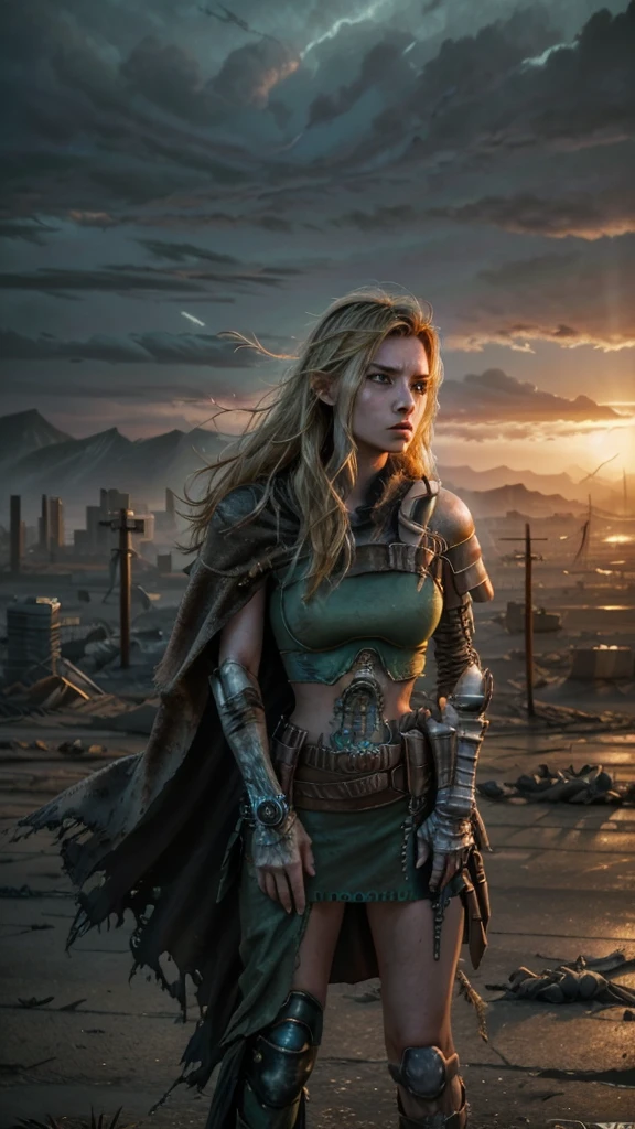 a fierce warrior woman, post-apocalyptic wasteland, dystopian landscape, detailed cyberpunk armor, mechanical cybernetic implants, glowing energy blades, windblown hair, intense expression, cinematic lighting, muted color palette, moody atmosphere, photorealistic, 8k, hyper detailed