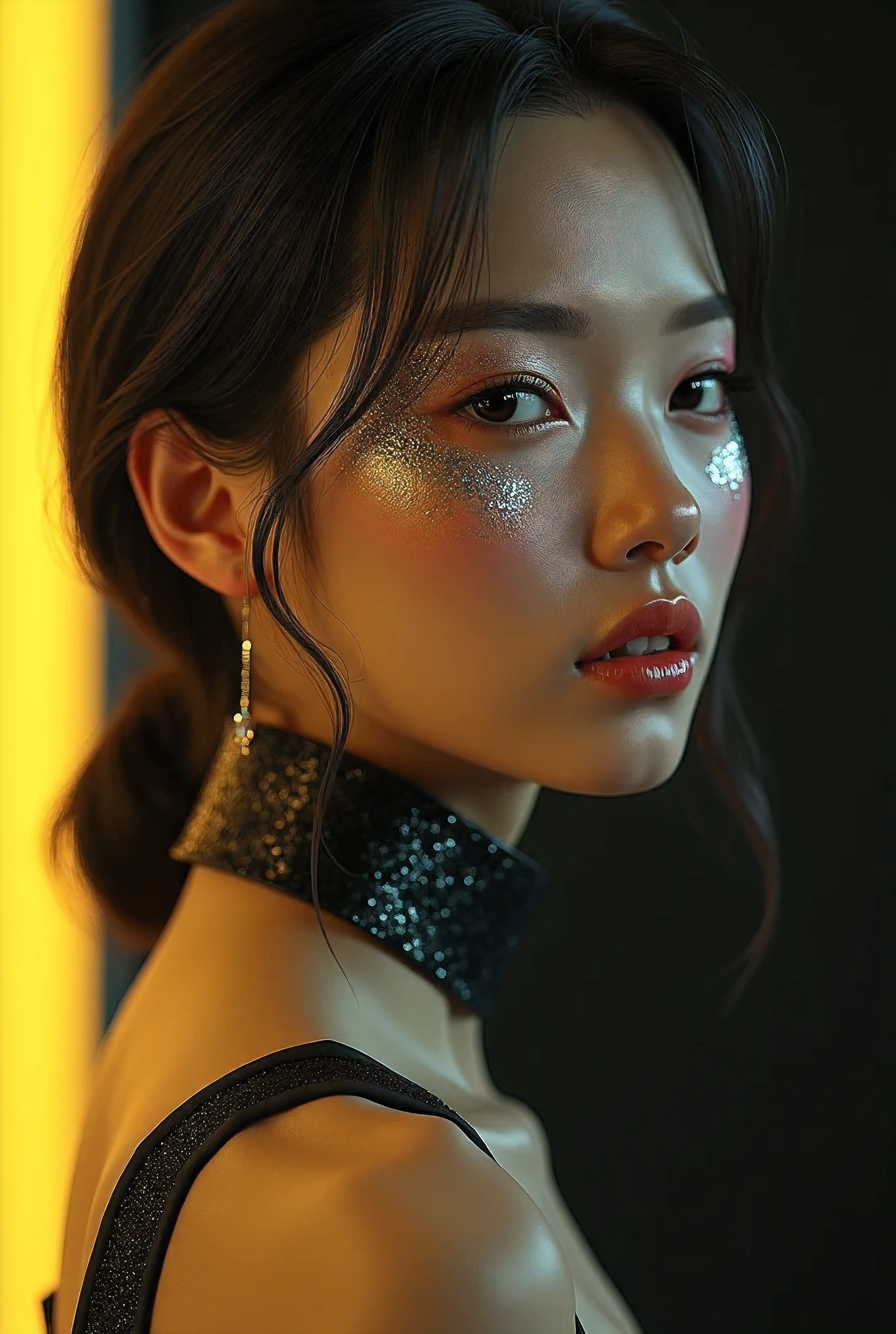 80’s glam rock makeup on shiny android face, anime, 2.5D, Glittery face, moody lighting, (yellow and black palette), iridescent face, abstract ai model, pretty, sexy, minimal, sleek, slender, asian, elegant, chic, futuristic, retro, sophisticated half human half machine, close up face portrait,