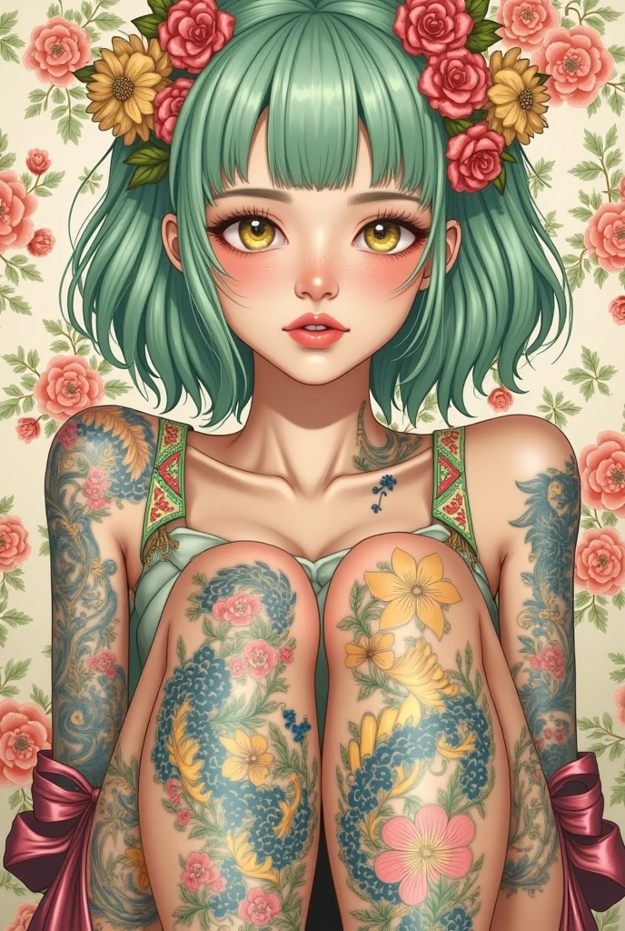 A mesmerizing surreal illustration of a young japanese woman. She has pastel green hair with blunt bangs, yellow eyes, and wears a vibrant pastel colored outfit adorned with intricate floral patterns. Freckles dot her smooth, warm complexion, and bold, colorful tattoos cover her arms and legs. The tattoos feature traditional Japanese motifs like flowers and mythical creatures, rendered with meticulous detail in a pastel color palette. The background is a vintage floral-patterned wallpaper that complements the artwork's colors. The line work is precise, with delicate shading that gives the illustration a 3D quality. The artwork fuses modern illustration techniques with traditional Japanese aesthetics, resulting in a visually striking, portrait,
