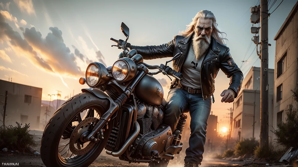  middle-aged white man with long gray hair and long white beard , face of grim gesture ,  with scar on his right cheek ,  dressed in a black leather jacket ,  t-shirt with the punisher logo and black jean pants and boots Texans,  riding a futuristic motorcycle through a desolate landscape ,  on his back he has two samurai swords crossed ,  in the background you can see a city devastated by war ,  post-apocalyptic style .  the sky is orange at dawn ., Carl Larsson, hyperrealism, depth of field, cinematic lighting, Retina, masterpiece, anatomically correct, textured skin, Super detail, high quality, Award Winning, 16K