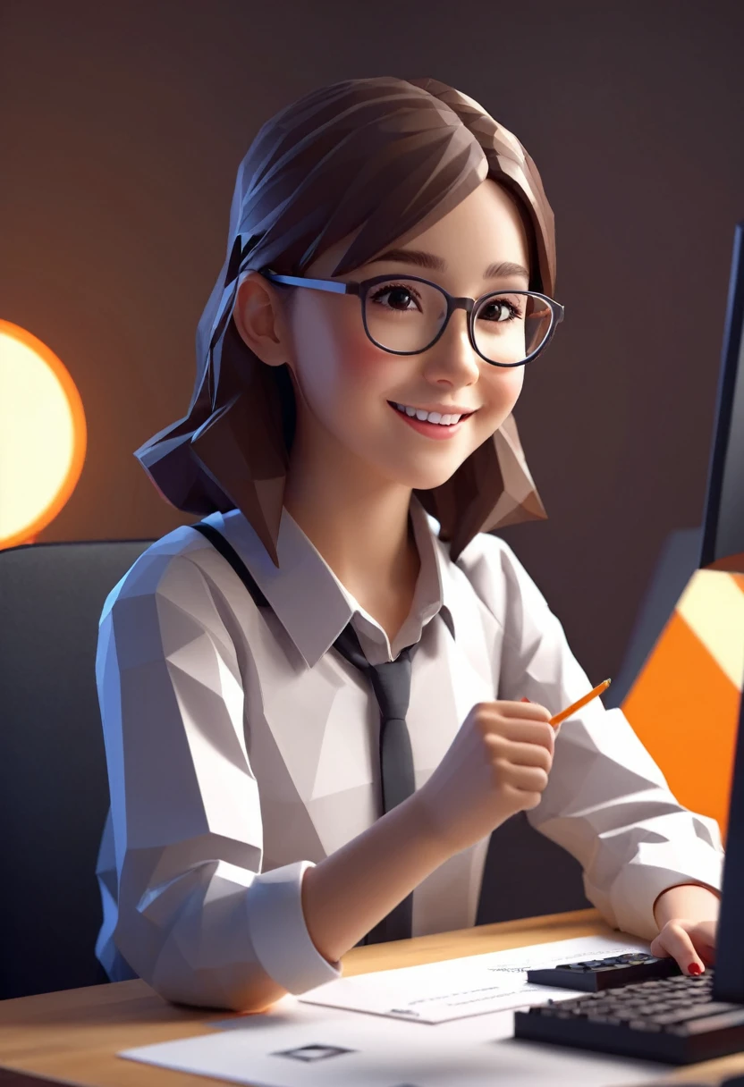 lowpoly, a happy girl student working with a computer, lowpoly, cinematic lighting, octane render, epic realistic, low poly count, full body, no background