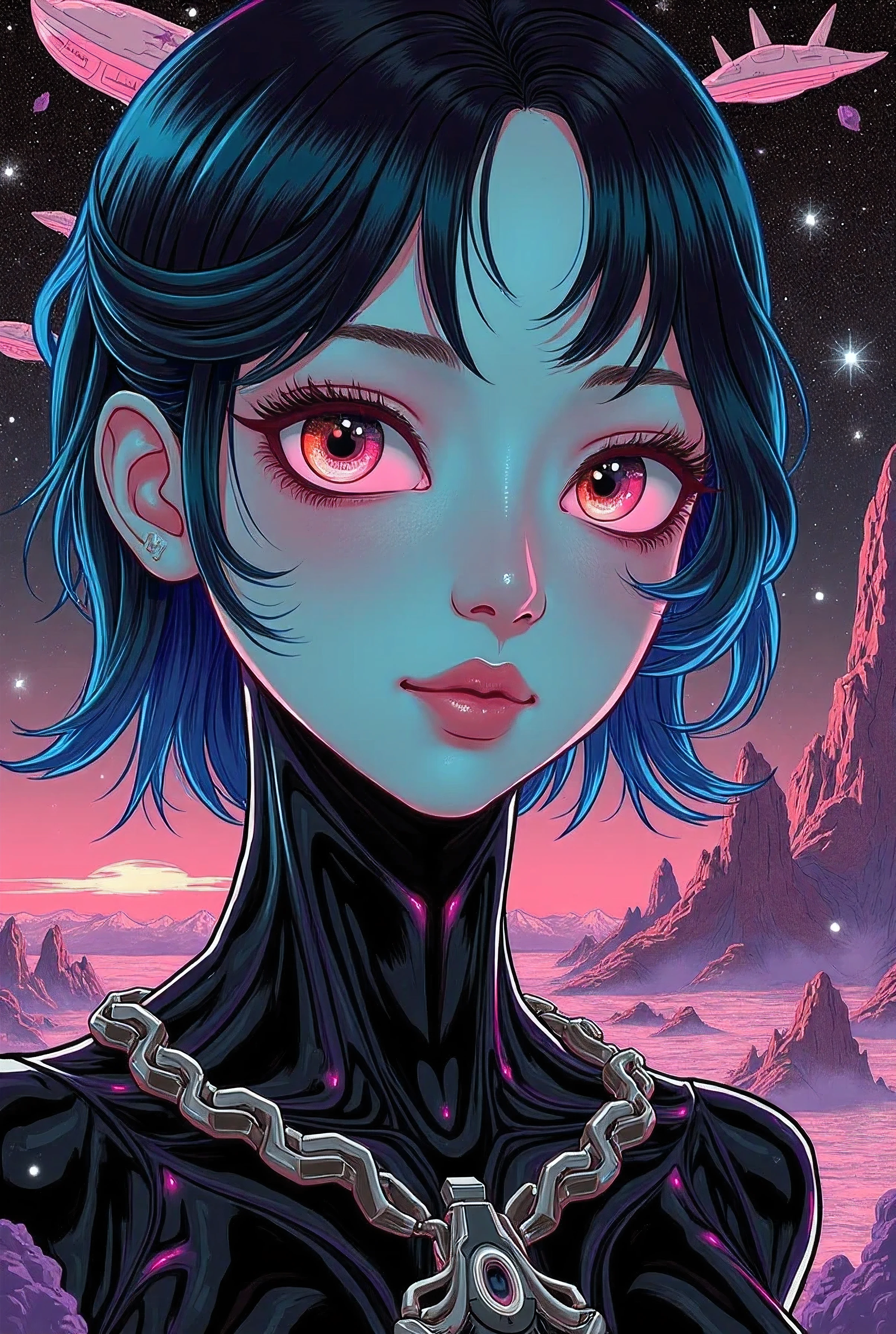 ((best quality)), ((masterpiece)), (detailed), perfect face of cyberpunk mecha japanese girl, neon rainbow eyes, metallic black body, rainbow hair, ((monochromatic neon rainbow color palette)), surreal, art nouveau, spaceships, aliens, fantasy, sci-fi, graphic novel, line drawing, french retro, bizarre, gallery worthy, work of uncanny art, Super detailed, Super exquisite, 8k, Yamakawa,rios,Sun,Mountain and Sea Lark Scroll,Ancient mythology of the Mountain and Sea Sutra,((mythological beasts)),manticore,