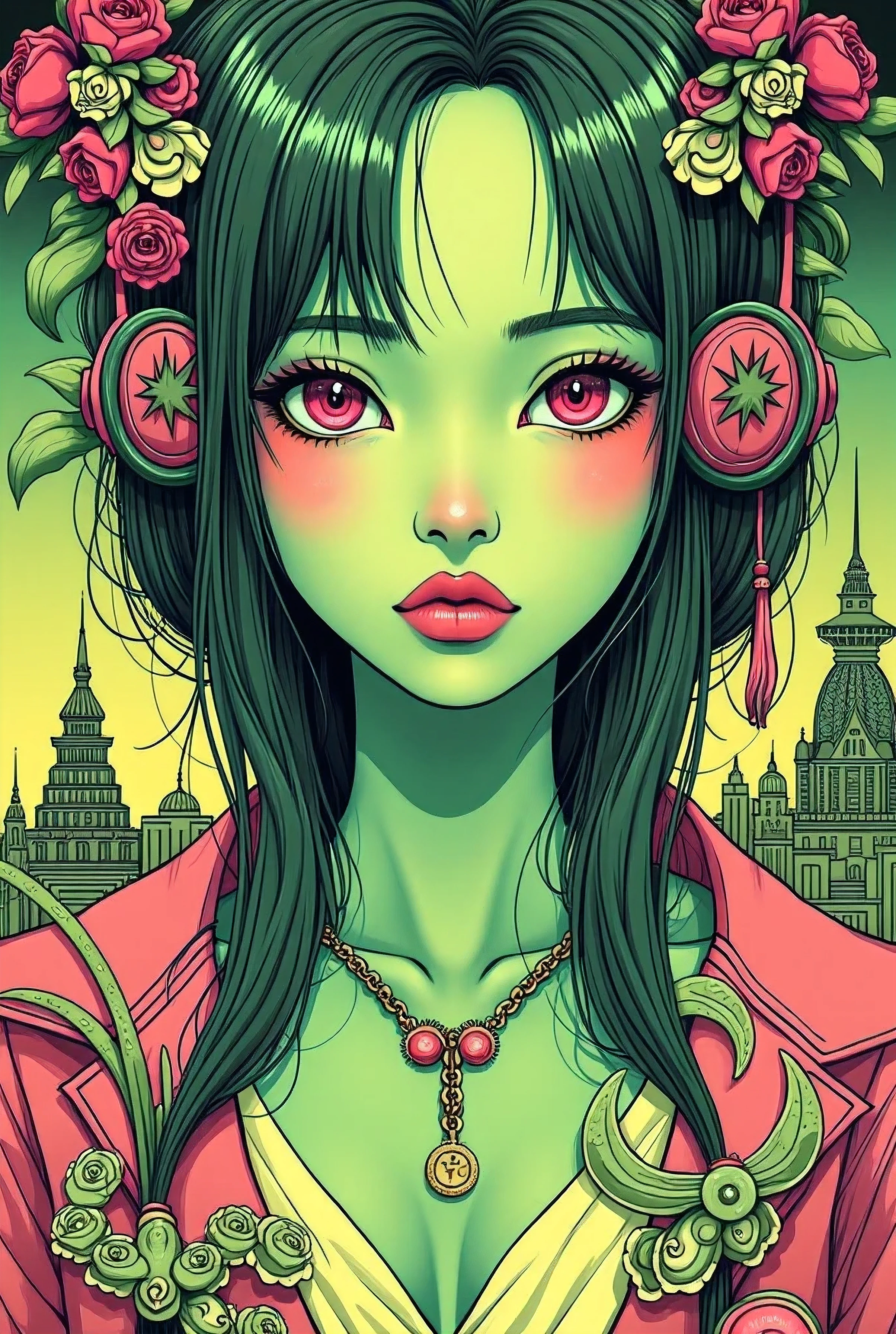 ((best quality)), ((masterpiece)), (detailed), perfect face of cyberpunk mecha japanese girl, neon pink eyes, neon green body, neon green hair, ((monochromatic neon pink, yellow, and green color palette)), surreal, art nouveau, in the illustrative style of moebius, spaceships, aliens, fantasy, sci-fi, graphic novel, line drawing, french retro, bizarre, gallery worthy, work of uncanny art,