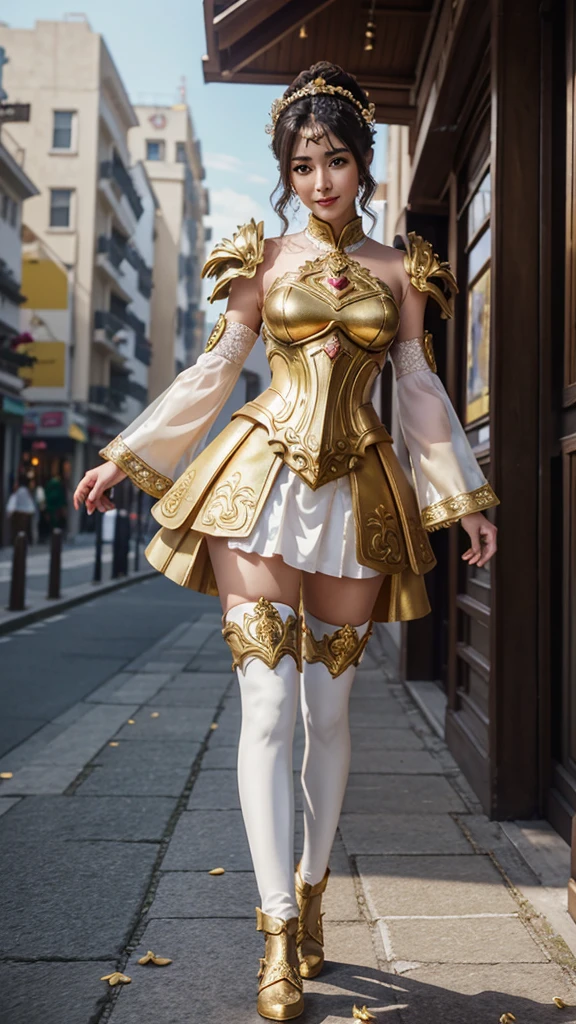 Create an image of a Saint seiyan character girl wearing ornate golden armor with intricate designs, Full body walk street,featuring shoulder pads and a chest plate, big thight,The character has dark hair styled dramatically upwards and is posed in front . The face is not visible, ensuring anonymity,Cosplay saint seiyan,A saint seiyan woman in a wedding dress, clear facial features, petals falling, smiling. Warm scene, anime 3D style, hyper-realistic oil painting, ray tracing, super detail, 8K
Solo, fan bing bing .