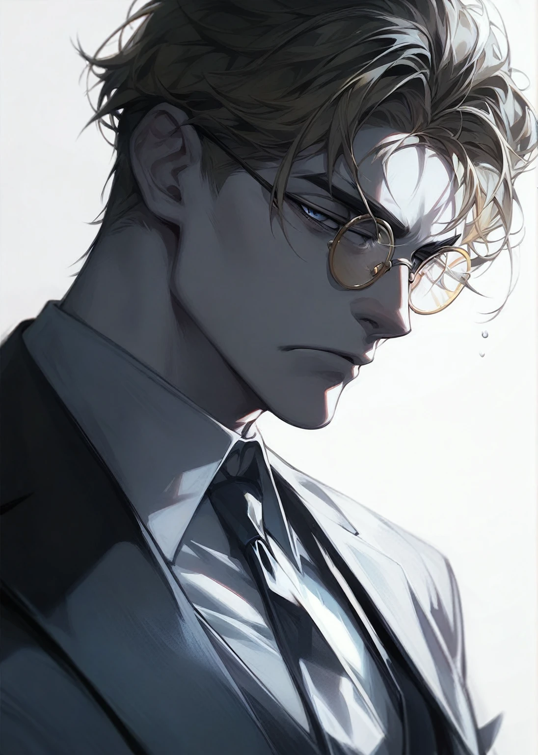  image of a man, older male, male focus, 50 years old, alone, ( blue-gray eyes , Golden Round Frame Glasses), ( white skin ,  Handsome, serious, Cangsan, Tired ), (golden hair, fluffy short hair, untidy), (Dress, Suit), masterpiece,  Best Quality ,  High Resolution, Super detailed, Gray background, soft light,