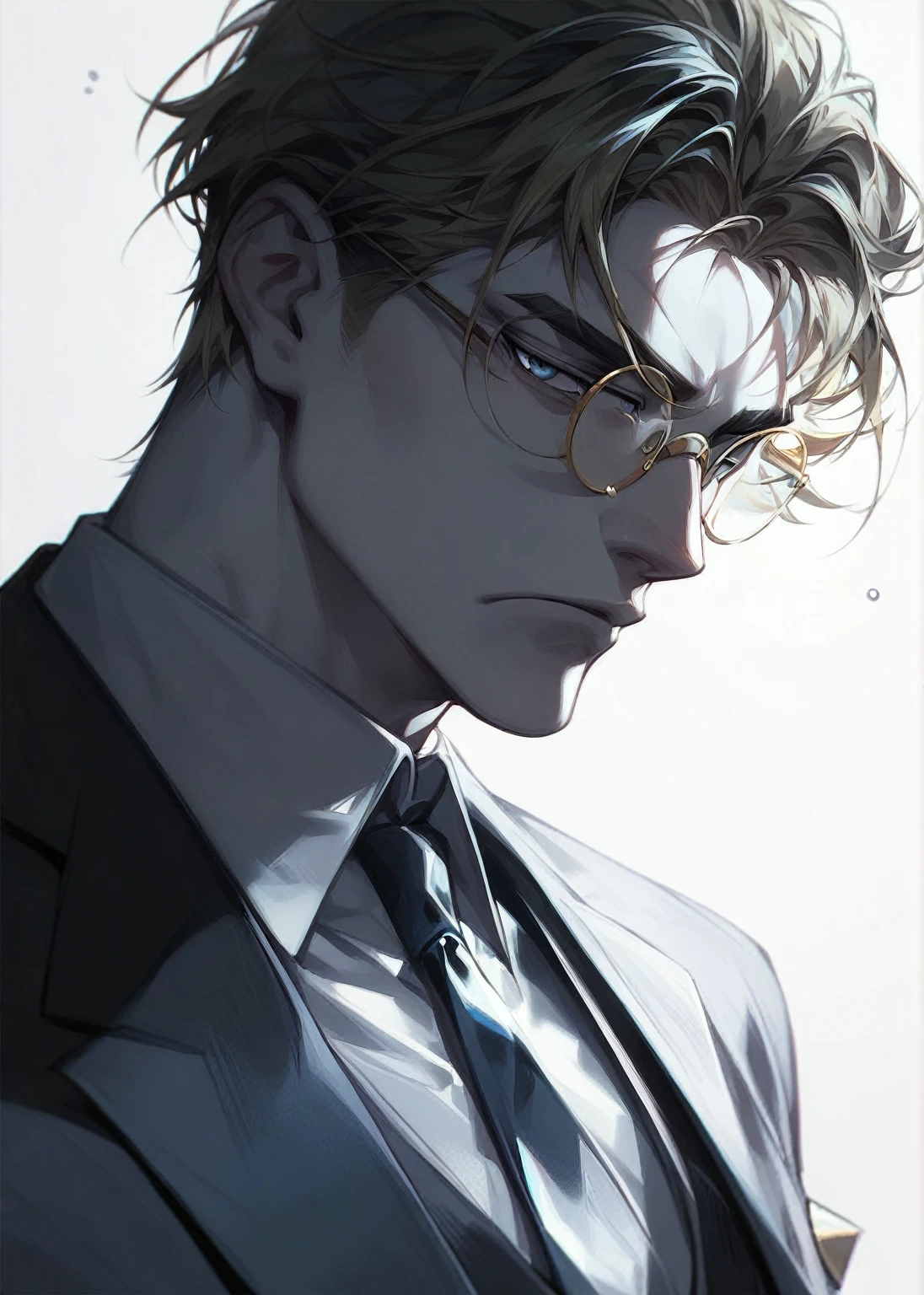  image of a man, older male, male focus, 50 years old, alone, ( blue-gray eyes , Golden Round Frame Glasses), ( white skin ,  Handsome, serious, Cangsan, Tired ), (golden hair, fluffy short hair, untidy), (Dress, Suit), masterpiece,  Best Quality ,  High Resolution, Super detailed, Gray background, soft light,