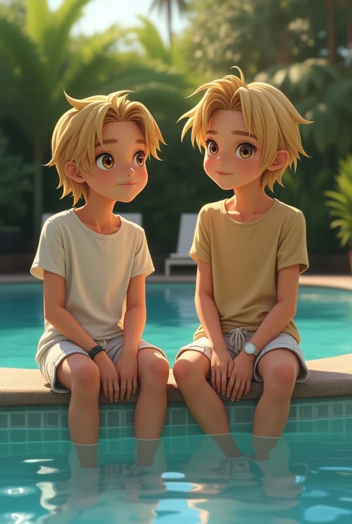 Two cute brothers aged 14 and 15, 14- and 15-year-old silver-haired. discuten en medio del desierto usan toples boxers color azul. estan sin camisa, cabello lacio corto