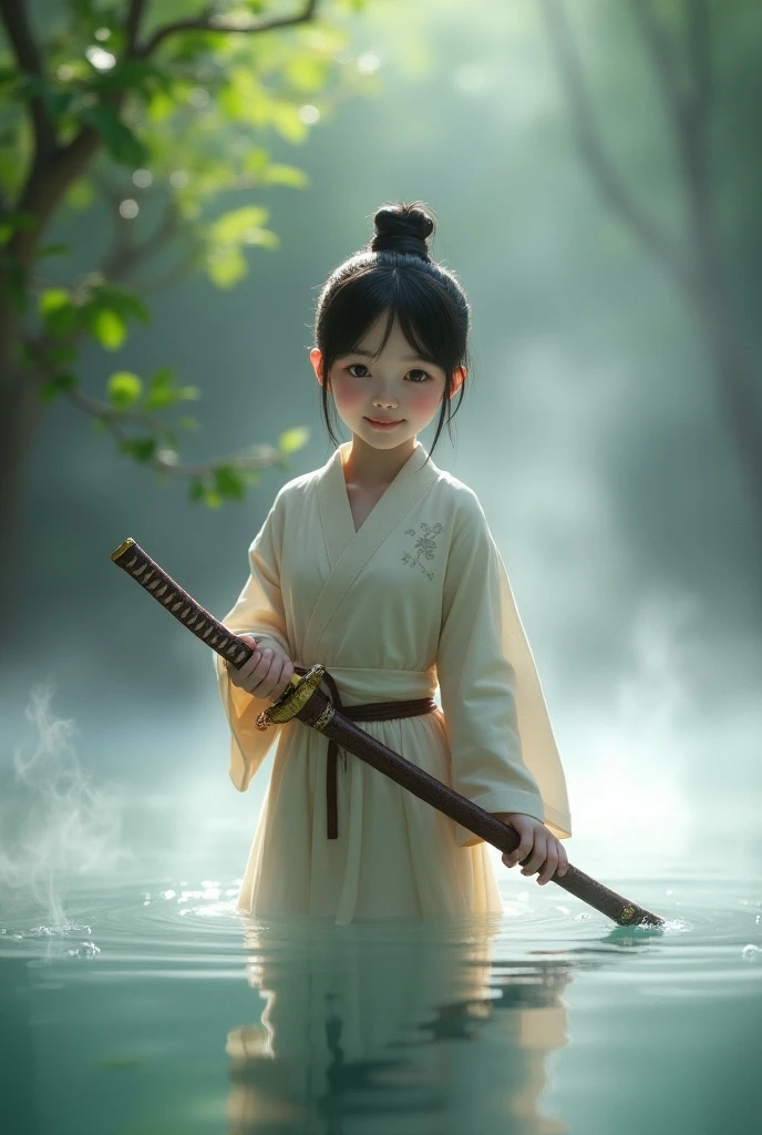 (Masterpiece),(Need),(Super meticulous),(Entire body:1.2)，（A little boy：1.3，Laugh，White Hanfu，with long black hair，Sit in a small boat，The boat is rafting on the water)，（backdrop：Yangtze，mountain，）chibi，