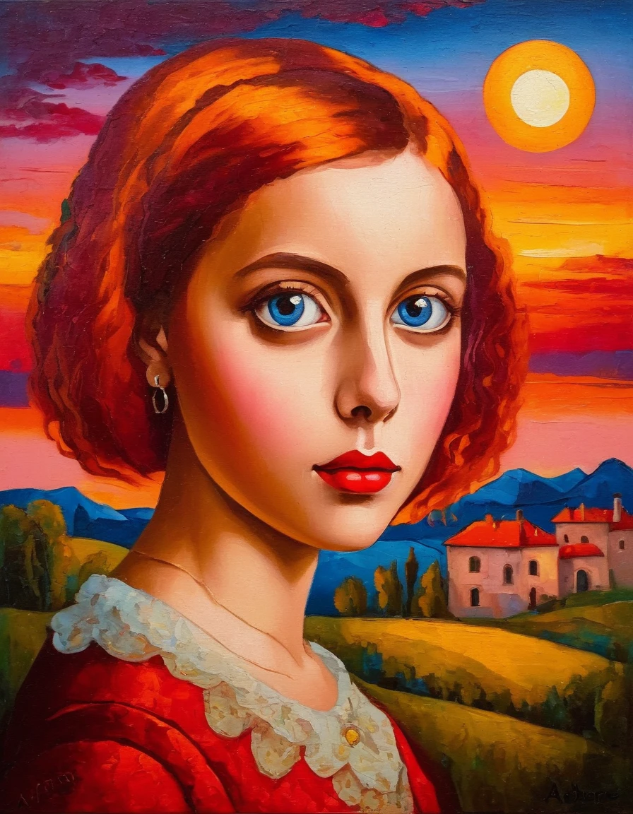 (ambre!!!!)[(front portrait: pretty teen girl with big eyes and a short red left part bob)((Sebastien-Hue style)))::20]/[background:landscape Baroque (moonlight sunset), style Albrecht-Altdorfer], naive art, primitivism, protogen, crimson/liliac, very colorful,((oil painting)),((masterpiece)),single shot