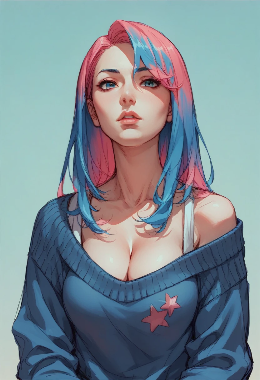 illustrator, Japanese cartoons , actual ,sketch , 1 girl, ,lips, sweater,Order, Blue gradient background, neon hair,textured trim, Canadian, (masterpiece,best quality), cleavage,
