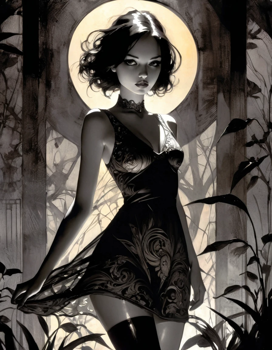 dark moon, eroticism, sexy lace dress, black and white image, between shadows, oil painting, chiaroscuro, sensual, dramatic lighting, moody atmosphere, photorealistic, intricate details, masterpiece, ultra-detailed, high quality, 8k, best quality, realistic, cinematic, dark and brooding, expressionistic, powerful composition, emotional impact, Bill Sienkiewicz inspired art
