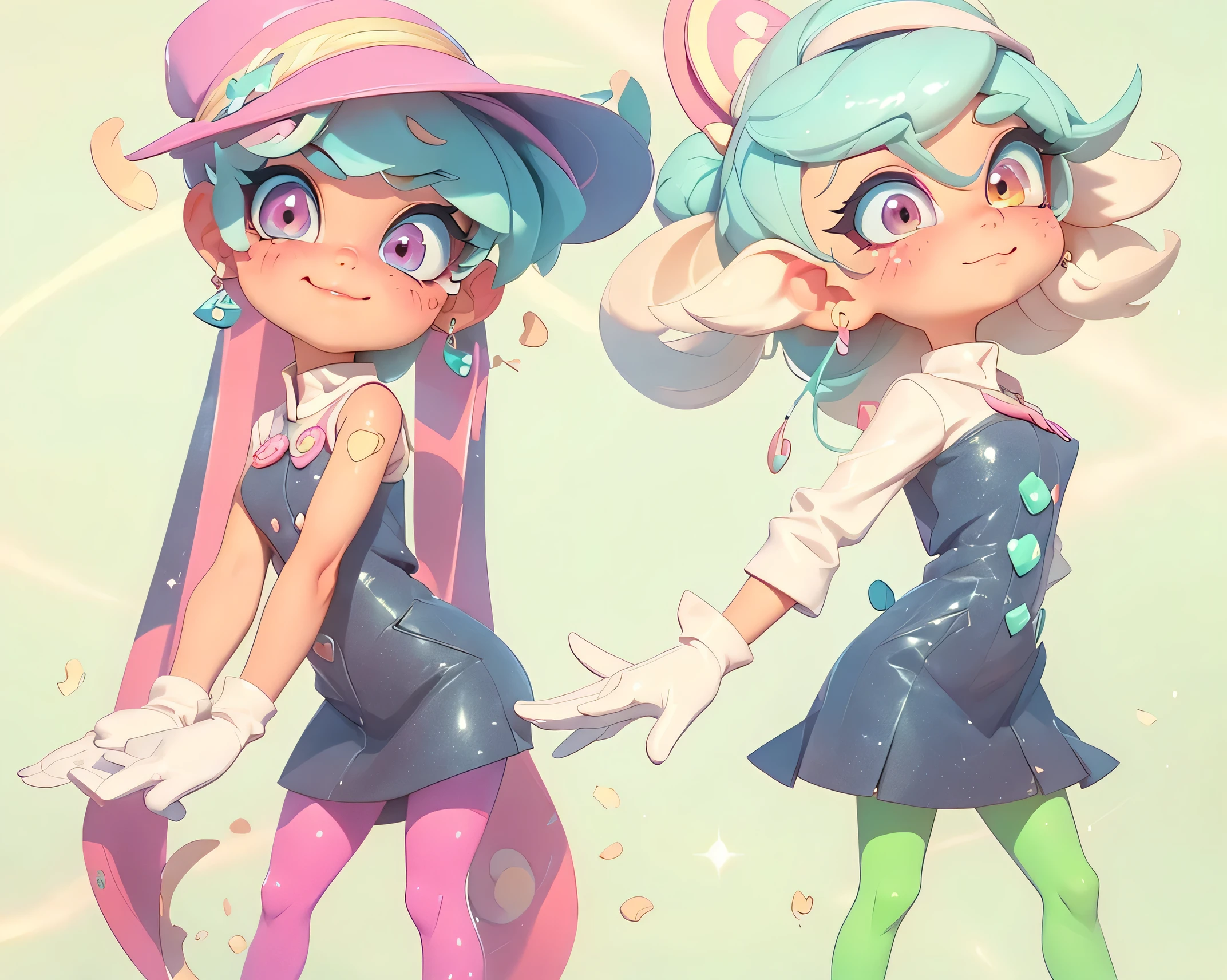 Three Splatoon Girls, lined up、From the side、bust_chart, simple background (超big breasts), (big breasts), normal size breasts、highest quality ,masterpiece, cute eyes、anime、full color、